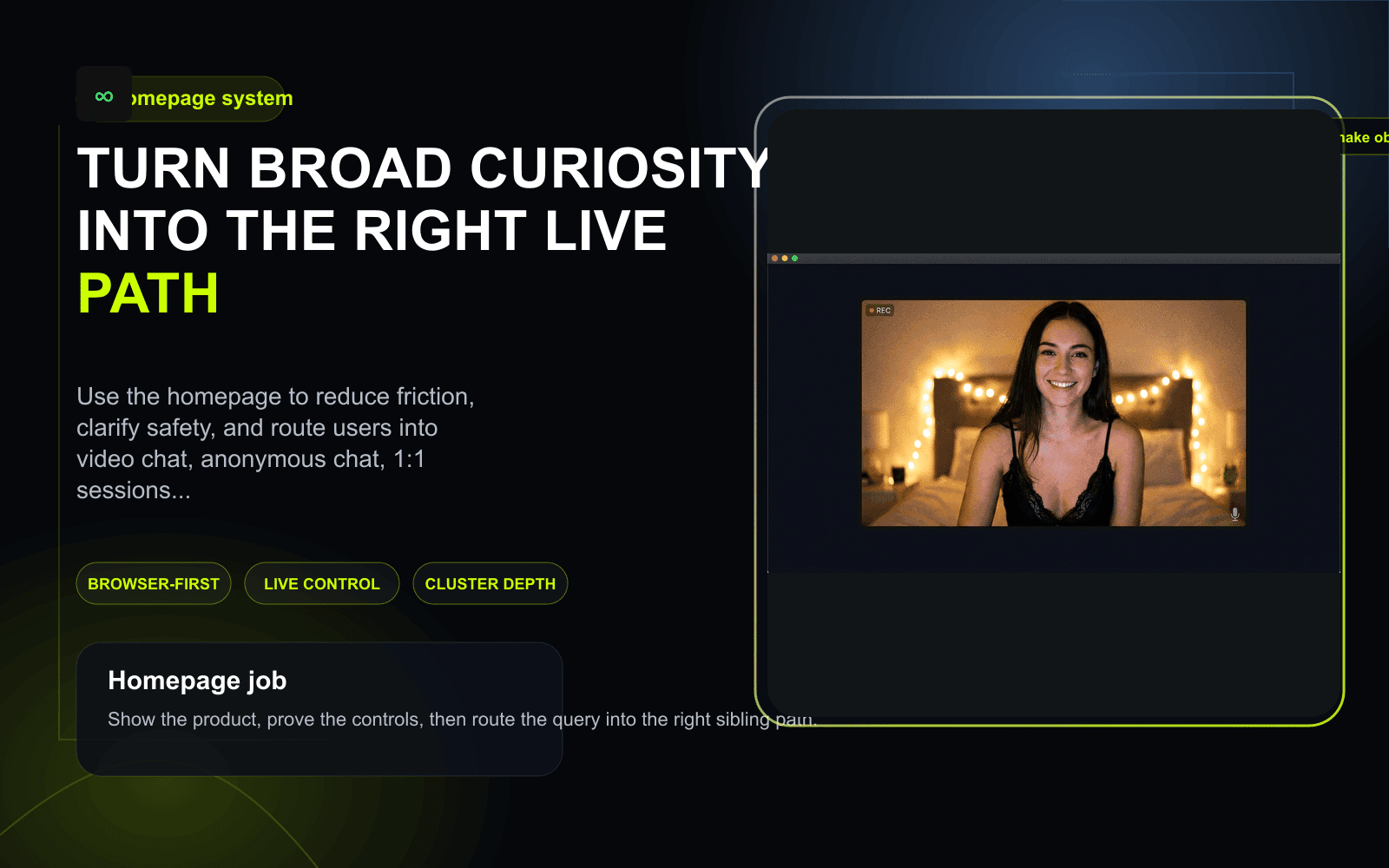 Homepage system visual for a browser-first random video chat landing page